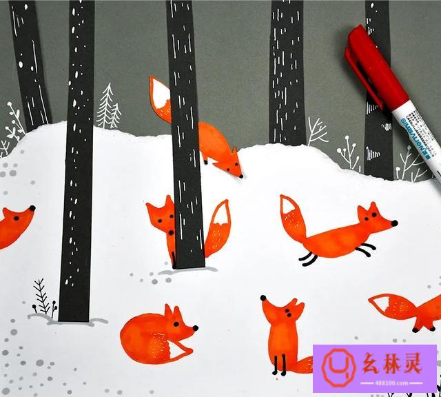 美丽的小狐狸（儿童画教程｜寒假幼儿艺术课程_--_雪地里的小狐狸）